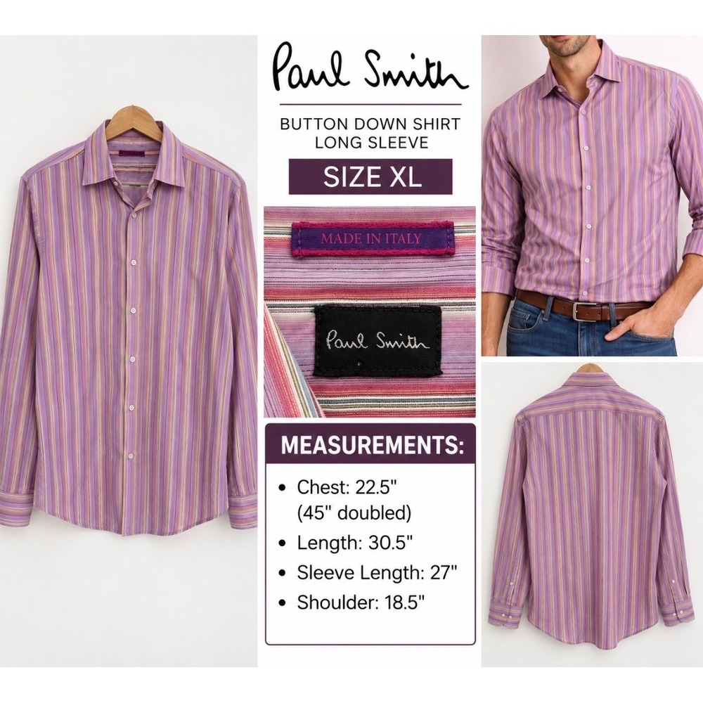 Paul Smith Mens Purple Striped Button Down Shirt Made in Italy XL Long Sleeve